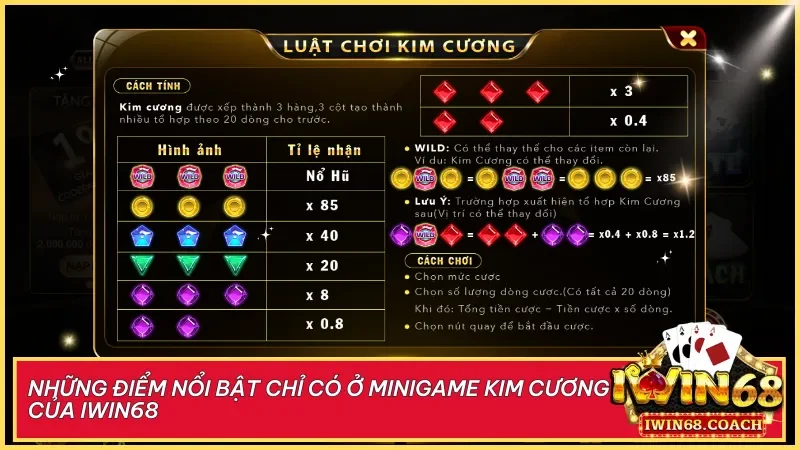 Minigame Kim Cương nổi bật với luật chơi dễ hiểu hệ số thưởng rõ ràng và khả năng đổi quà hấp dẫn